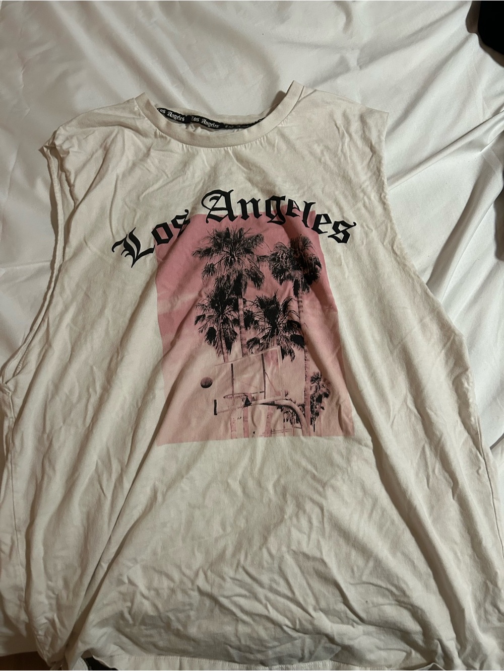 Primark White Sleeveless Tee with Pink Palm Graphic